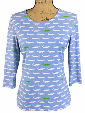 Sailor Sailor Light Blue 3/4 Sleeve Green & White Crocodile Print EC Size Small
